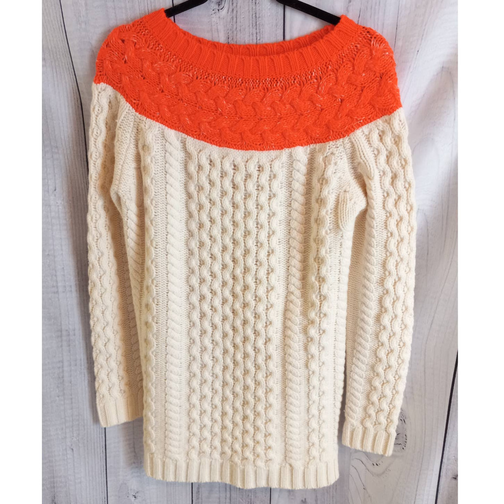 Boden | Wool Alpaca Mohair Cream & Neon Orange Cable-Knit Tunic Sweater UNIQUE - Picture 2 of 11